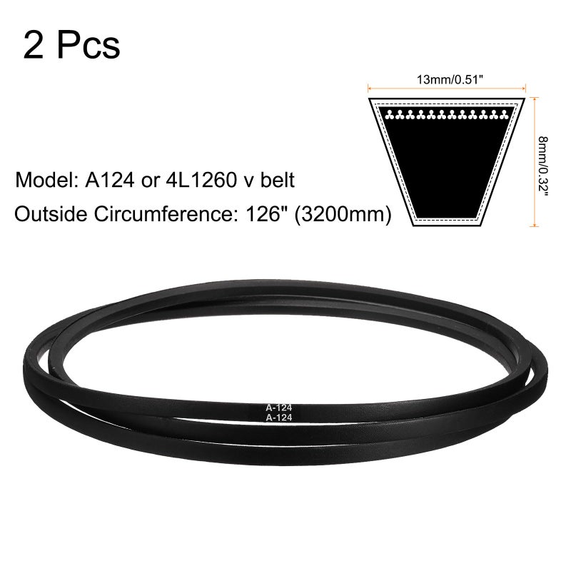 يو إكس سيل Uxcell قطعتان A124 أو 4L1260 حزام على شكل حرف V مطاطي كلاسيكي ملفوف، 124 بوصة (3150 مم) محيط داخلي، حزام على شكل حرف V - Image 2